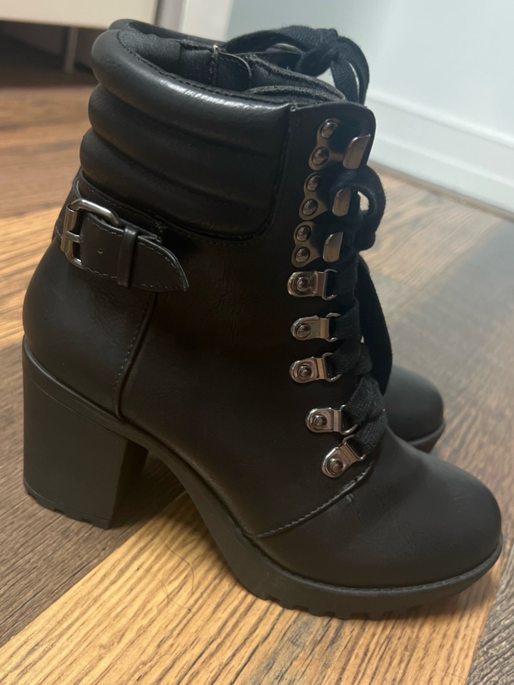 MIA Black Lace-Up Block Heel Ankle Boots